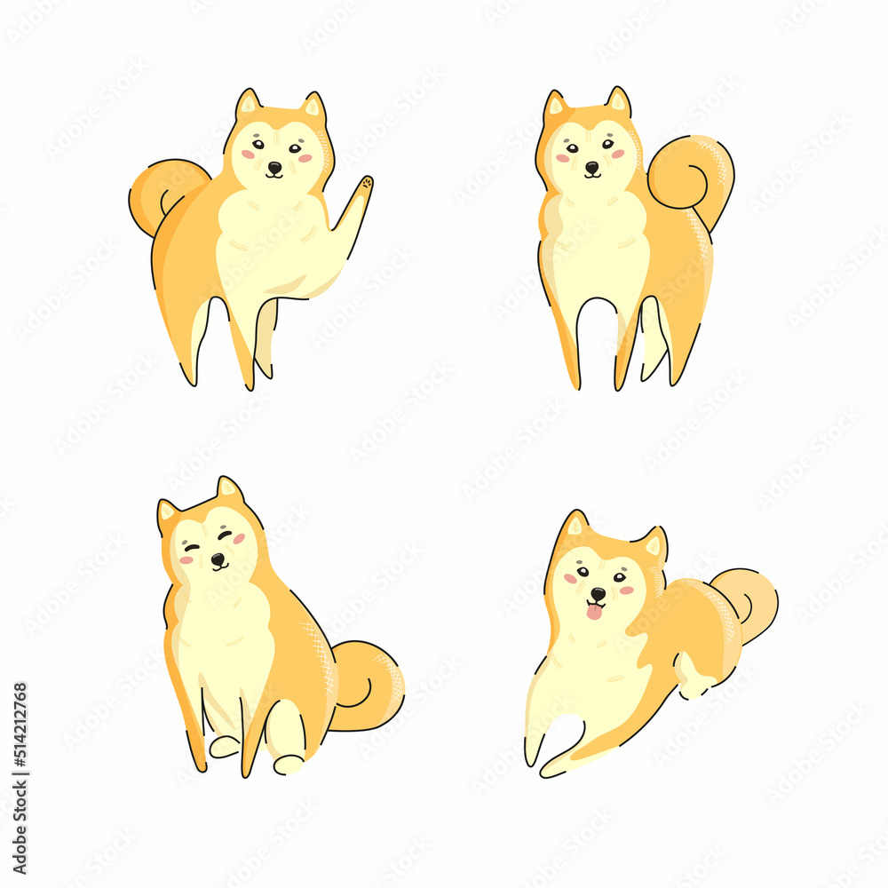 Kawaii Shiba Inu dogs in various poses. Hand drawn colored vector set. All elements are isolated. Kawaii Shiba Inu dogs in various poses. Hand drawn colored vector set. All elements are isolated.