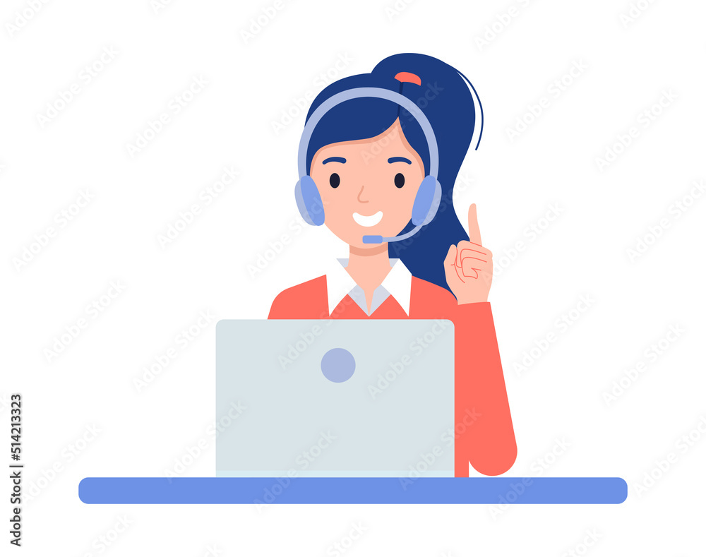 The operator girl with headphones and a laptop is talking on the phone. Technical support for customers 24-7, telephone hotline for business.