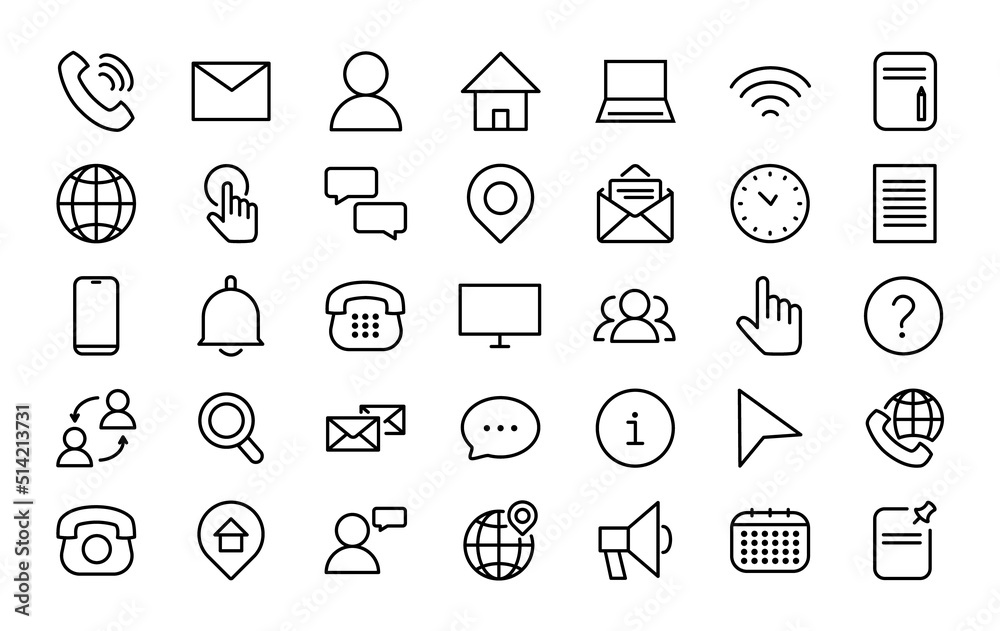 Set of 35 contact us icons in line style. Connection and communication. Vector illustration.