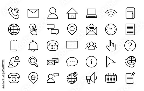 Set of 35 contact us icons in line style. Connection and communication. Vector illustration.