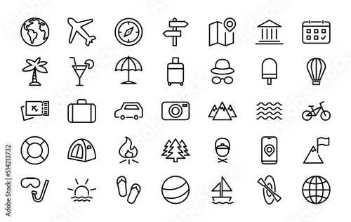 Set of 35 travel icons in line style. Travel, tourism, camping, hiking. Vector illustration.