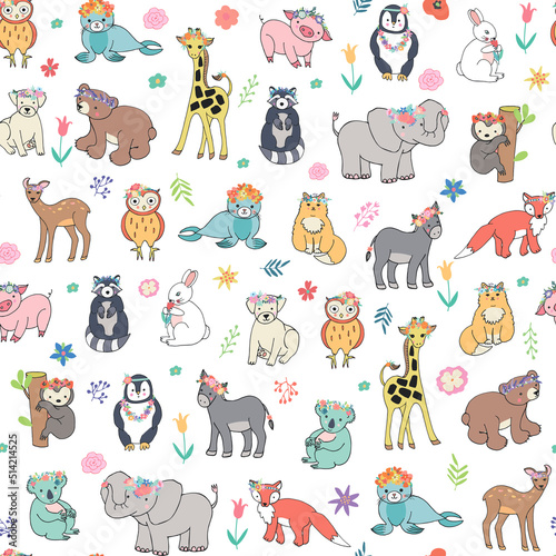 Fototapeta Naklejka Na Ścianę i Meble -  Animals: elephant, bear, giraffe, fox, dog, cat, pig, raccoon, sloth, donkey, owl vector seamless pattern with flowers.