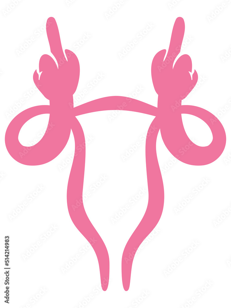 Uterus with ovaries rude middle finger my body my choice. symbol of protest, women's rights, feminism concepts. Copy space. Roe v Wade Vector illustration on white background. For cards, posters