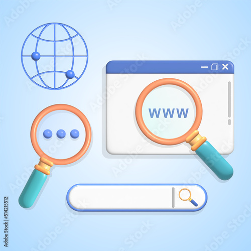 3d network website social media realistic vector icon set. search, website icon