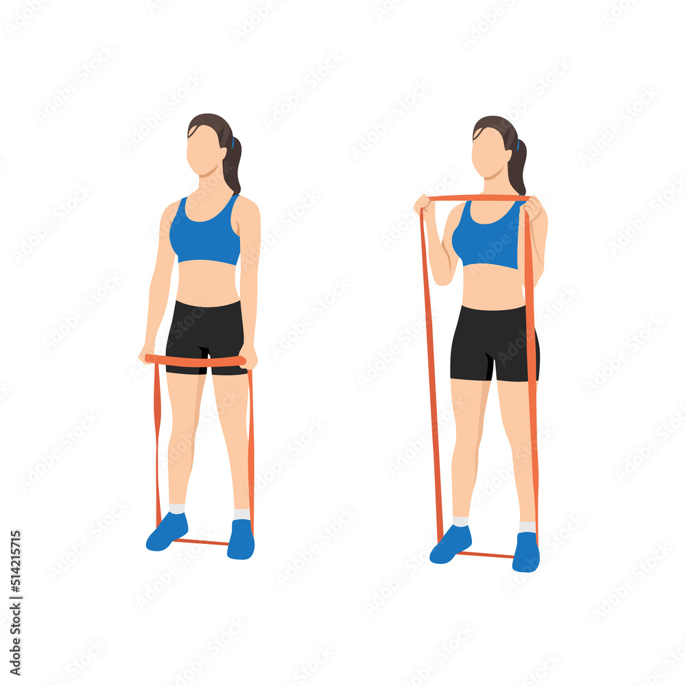 Woman doing Hammer grip curls with long resistance band exercise. Flat vector illustration isolated on white background Woman doing Hammer grip curls with long resistance band exercise. Flat vector illustration isolated on white background