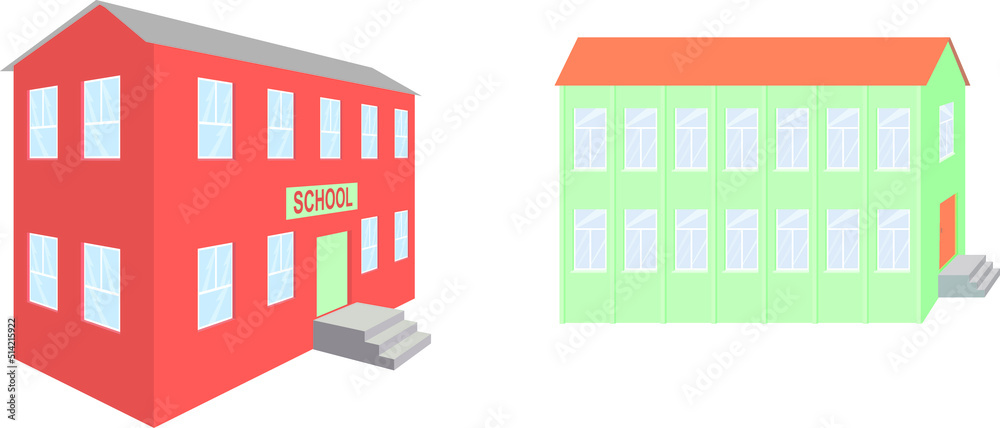two school buildings with perspective view