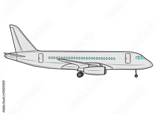 Vector illustration of an airplane in profile in isolate on a white background. Passenger plane. Traveling.