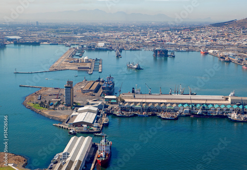 Aerial view of the commercial port of Cape Town in South Africa.