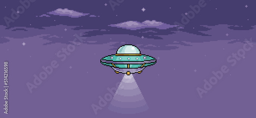 Pixel art UFO in the night sky. Alien spaceship flying with lights on. 8 bit vector background
