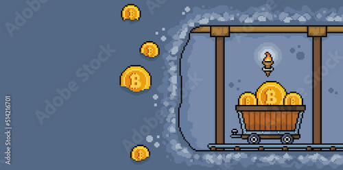 Pixel art bitcoin mine with mining cart. Bitcoin mining cave with space for text 8bit vector background
