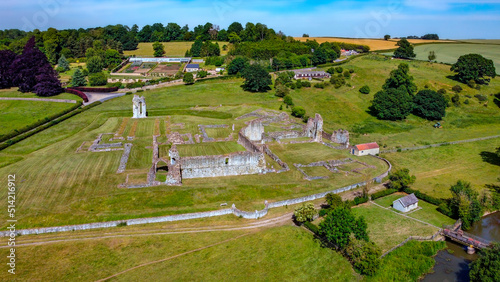 Aerial view of the ruins of Kirkham Priory in the Ryedale District of North Yorkshire, England. The ruins of Kirkham Priory are situated on the banks of the River Derwent and dates from 1120AD.