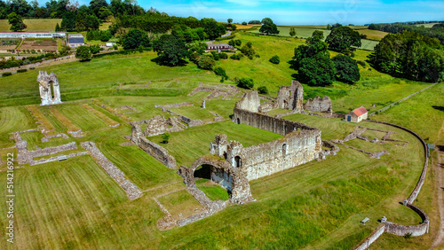 Aerial view of the ruins of Kirkham Priory in the Ryedale District of North Yorkshire, England. The ruins of Kirkham Priory are situated on the banks of the River Derwent and dates from 1120AD. photo