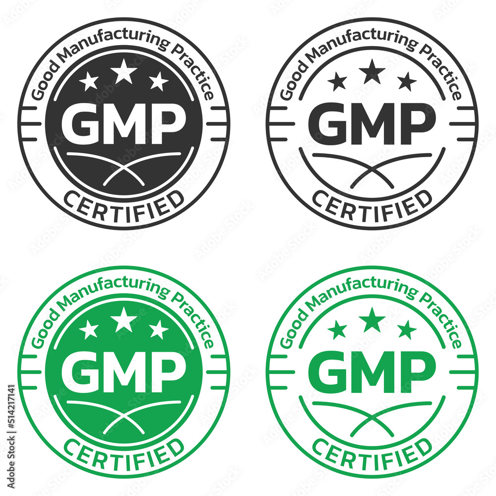 GMP certified icon or logo set. Good manufacturing practice stamp or seal design. Quality standard label. Vector illustration.