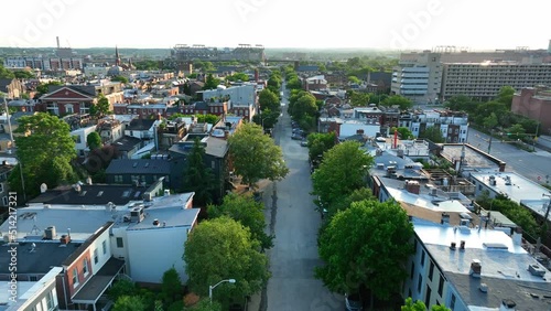 Residential housing in American city. Downtown urban America. USA at golden hour. photo