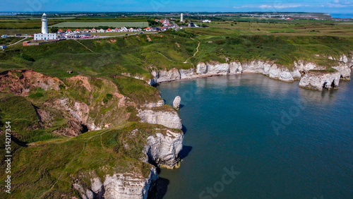 Aerial view of the Lighthouse and cliffs at Flamborough Head in Yorkshire on the northeast coast of England.  photo