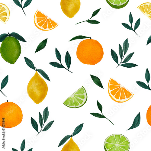 Watercolour Tropical Orange Lime and Lemon design Seamless Pattern on white background. Hand Drawning repeat Citrus Fruit , full and cut, green branch leaves. Illustration