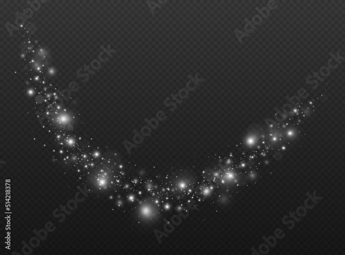 Sparkle dust light with bright particles. Silver wave flow glittering on transparent background. Magic light trail twinkle with flare stars.