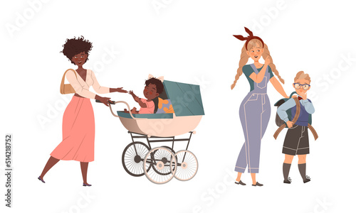 Young Mother with Boy Son Going to School and Pushing Baby Carriage Taking Care of Her Kid Vector Set