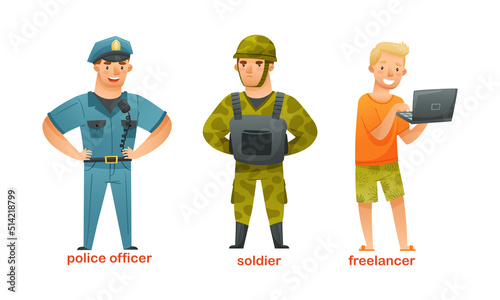 Man Character of Various Professions with Police Officer, Soldier and Freelancer in Uniform Vector Set