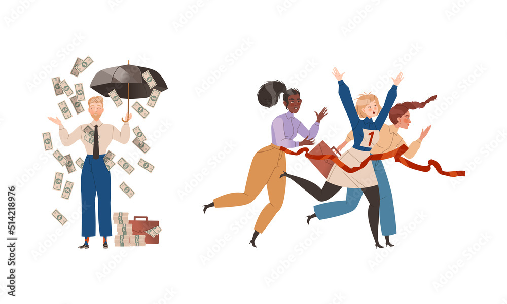 Man and Woman Office Employee Character Under Umbrella with Money Falling and Finishing at Marathon Run Vector Set