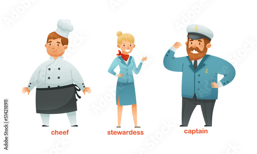 Man and Woman Character of Various Professions with Chef, Stewardess and Captain in Uniform Vector Set