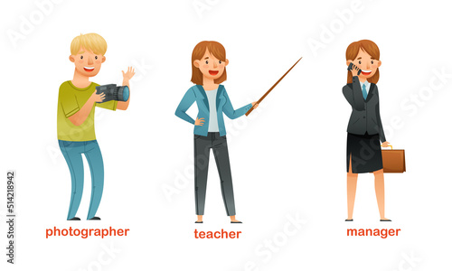 Man and Woman Character of Various Professions with Photographer, Teacher and Manager Vector Set
