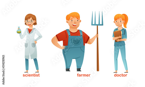 Man and Woman Character of Various Professions with Farmer, Doctor and Scientist Vector Set