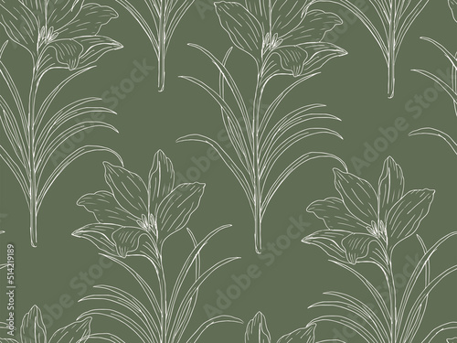 Hand Drawn Continuous Line Drawing Floral Seamless Pattern. Line Art Feminine Crocus Flowers on green background. Romantic Botanical Wallpaper for Textile, fabric, backdrop, print, craft, surface. Vec © CreateKarolina