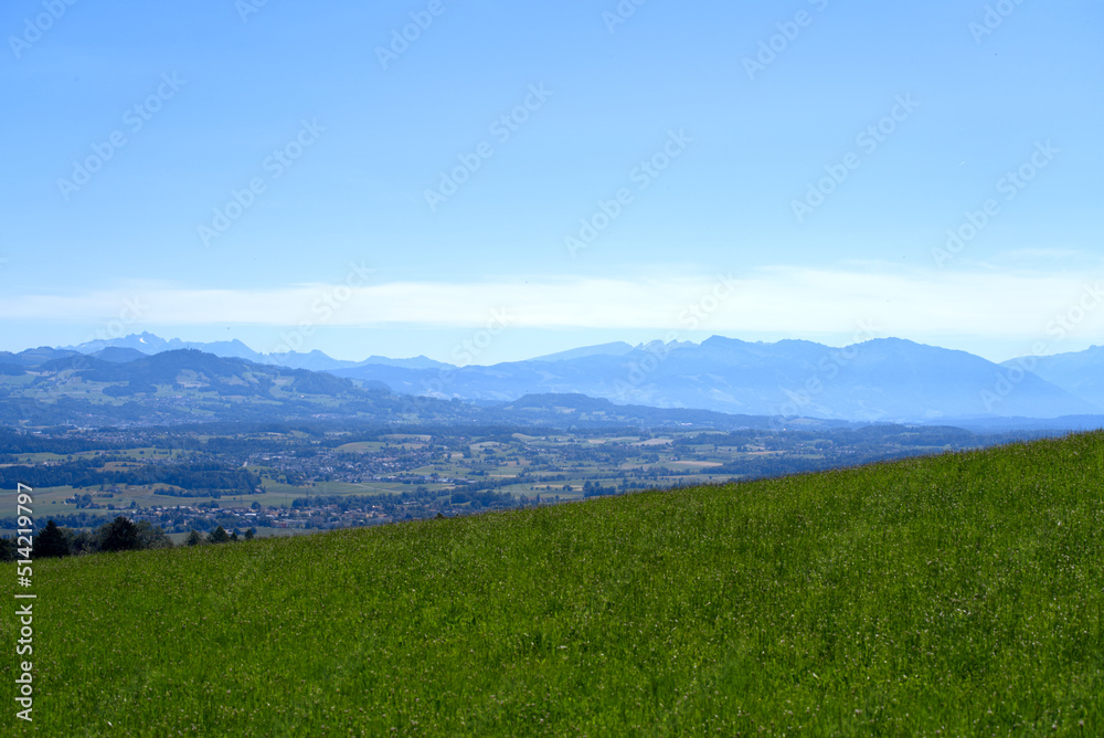 Scenic rural landscape at Forch Küsnacht with mountain panorama in the background on a sunny summer day. Photo taken June 12th, 2022, Forch Küsnacht, Switzerland.