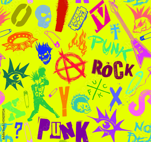 Vector colorful seamless pattern of punk and anarchy symbols, skulls, guitars and typography design in the style of 70s punk rock style on yellow background.