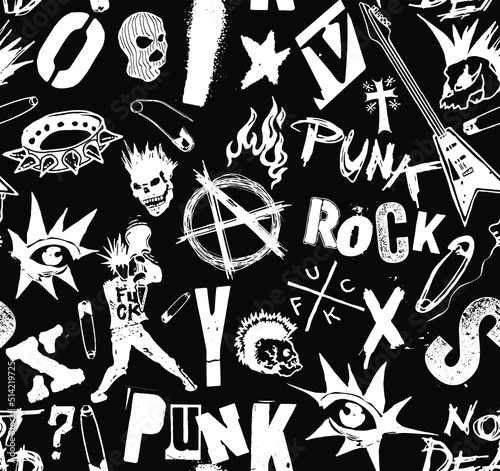 Vector black and white seamless pattern of punk and anarchy symbols, skulls, guitars and typography design in the style of 70s punk rock style. photo