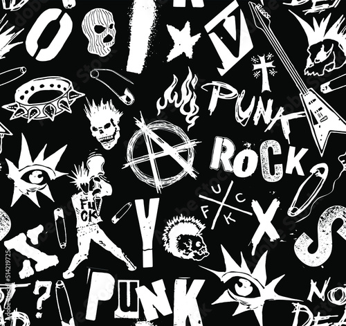 Vector black and white seamless pattern of punk and anarchy symbols, skulls, guitars and typography design in the style of 70s punk rock style.