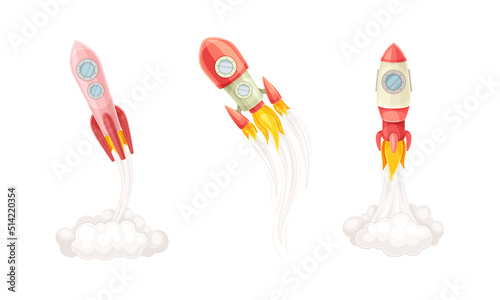 Rocket as Spacecraft with Engine Exhaust Launching and Flying in Space Vector Set
