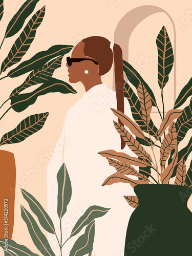 Beautiful Abstract Fashion Woman Luxury look. Pastel Tropical leaves Background. Modern Minimalist glamour Female Portrait with nature jungle pattern. Vector illustration