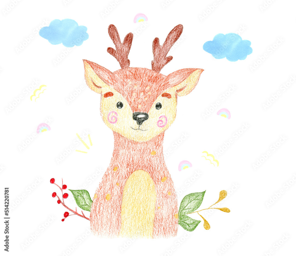 Obraz premium Cute baby deer on the background of clouds and a rainbow; deer with horns; illustration for children's products; cartoon deer in flowers with leaves ;postcards