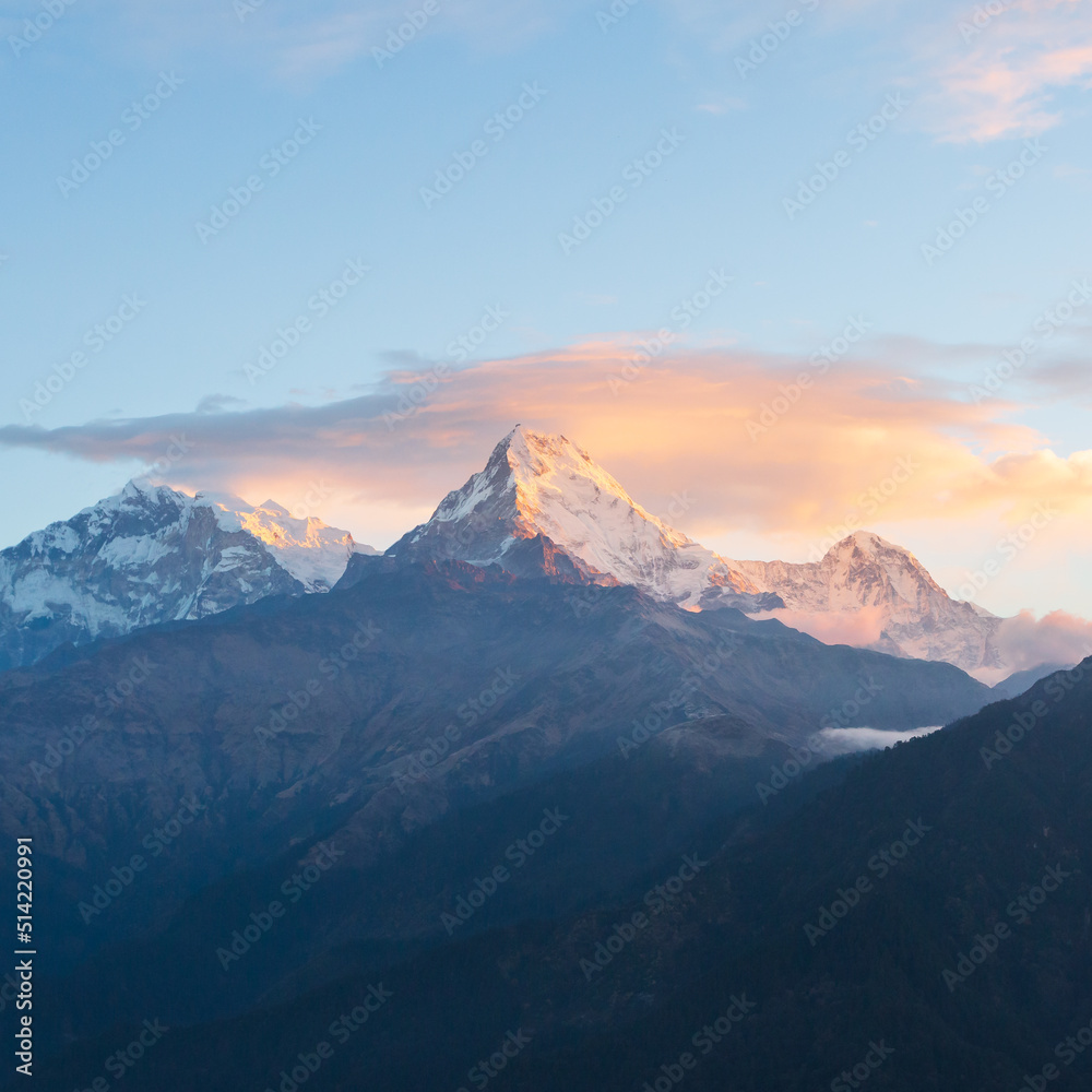 Misty mountains, morning in Himalayas, Nepal, Annapurna conservation area