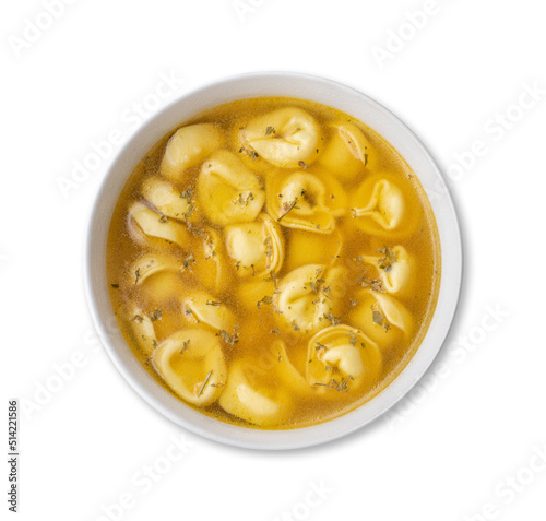 Cappelletti or tortellini brodo soup in a bowl isolated over white background photo