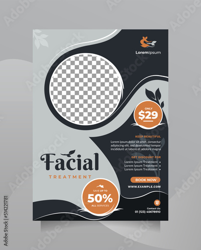 Facial skin treatment center flyer and brochure template with a4 size. Creative promotion design concept of professional hair spa, hair mask, hair style, cosmetic sale, beauty center, etc
