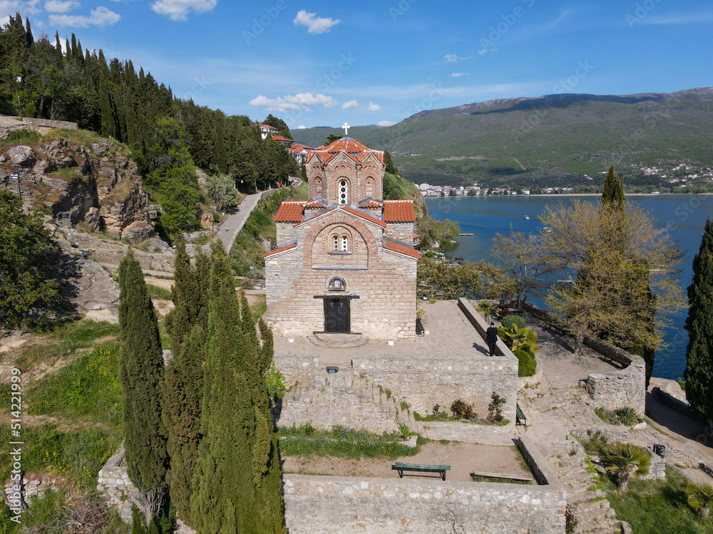 Drone view at the Church of Saint John on the Lake Ohrid, Macedonia