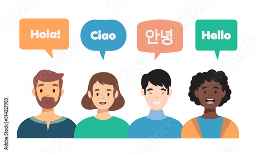 People talking in different languages isolated on white backgorund. People with speech bubbles in different languages. Vector stock