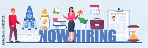 Now hiring, great gob vector illustration. Coins, money, resume are shown. Startup, gob interview online concept with tiny people