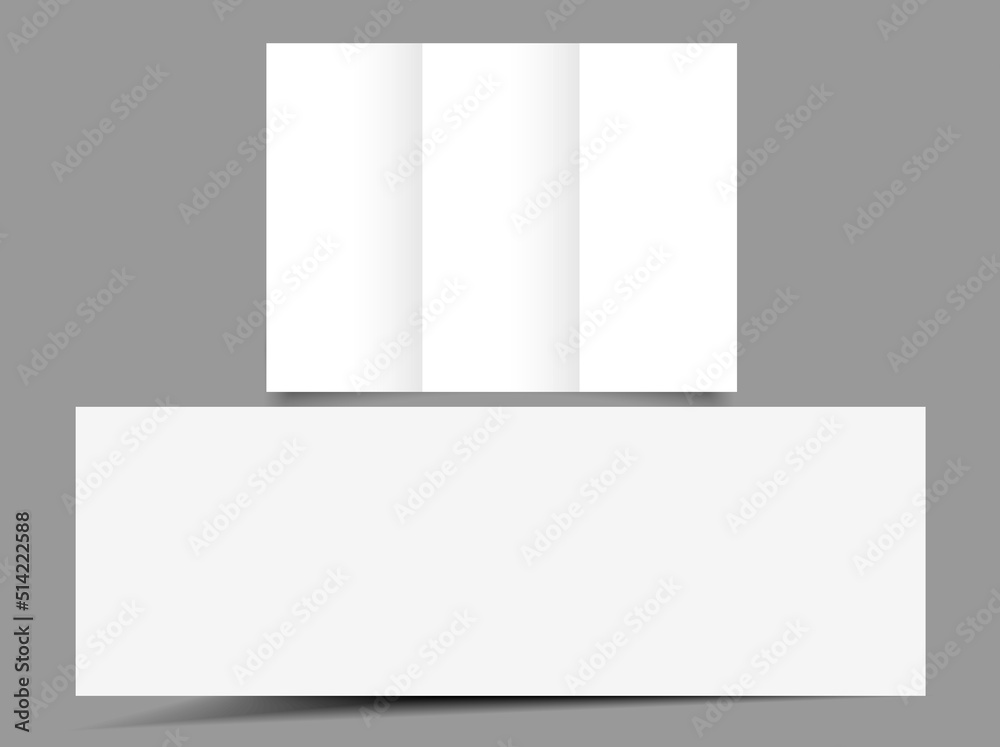 blank vector tri fold mockup on gray. Blank flyer tri fold mockup. Realistic Flyer, booklet mock up on gray background. Vector illustration.