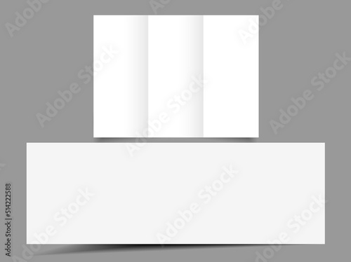 blank vector tri fold mockup on gray. Blank flyer tri fold mockup. Realistic Flyer, booklet mock up on gray background. Vector illustration.