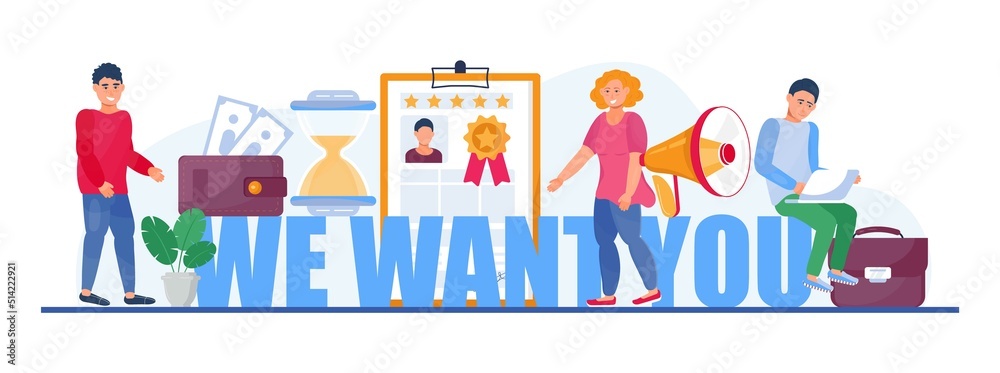 We want you, recruitment concept, great gob vector illustration. Startup, gob interview online concept with tiny people, big letters.