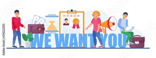 We want you, recruitment concept, great gob vector illustration. Startup, gob interview online concept with tiny people, big letters. photo