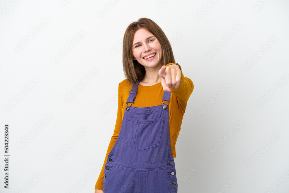 Young English woman isolated on white background pointing front with happy expression Young English woman isolated on white background pointing front with happy expression