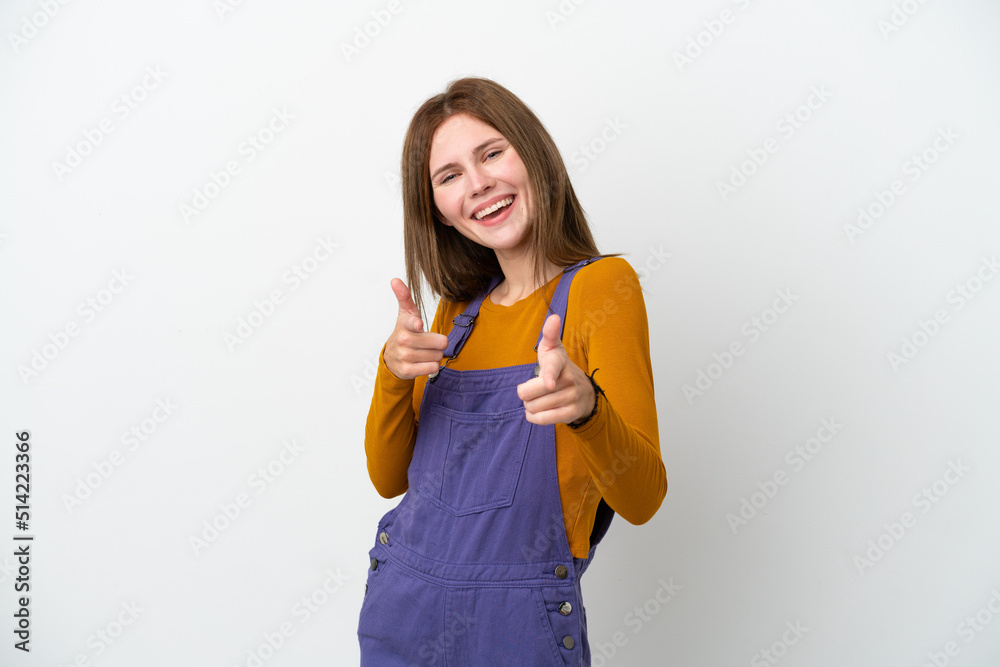 Young English woman isolated on white background pointing to the front and smiling Young English woman isolated on white background pointing to the front and smiling