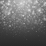 Winter background with bright snowflakes. Realistic falling snow on transparent background. Transparent winter pattern. Realistic snowflakes, Christmas snow, white dust and blizzard.
