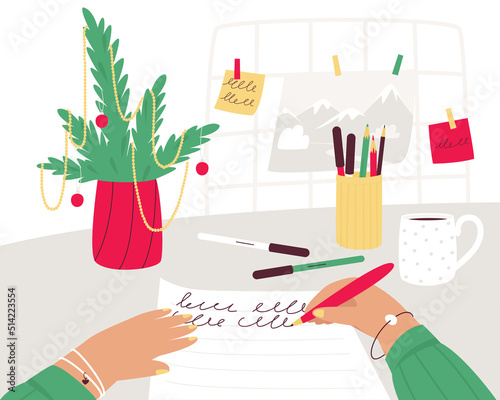 The girl writes a letter to Santa Claus. The concept of creating text on paper. The writer writes at the table, imagining and creating. Winter season. flat vector illustration