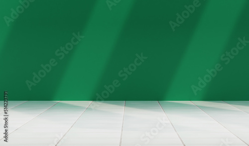 Empty green studio with white tile beautiful lights and shadows. perfect for summer theme background, blank display for showing product. - 3D Renderring.